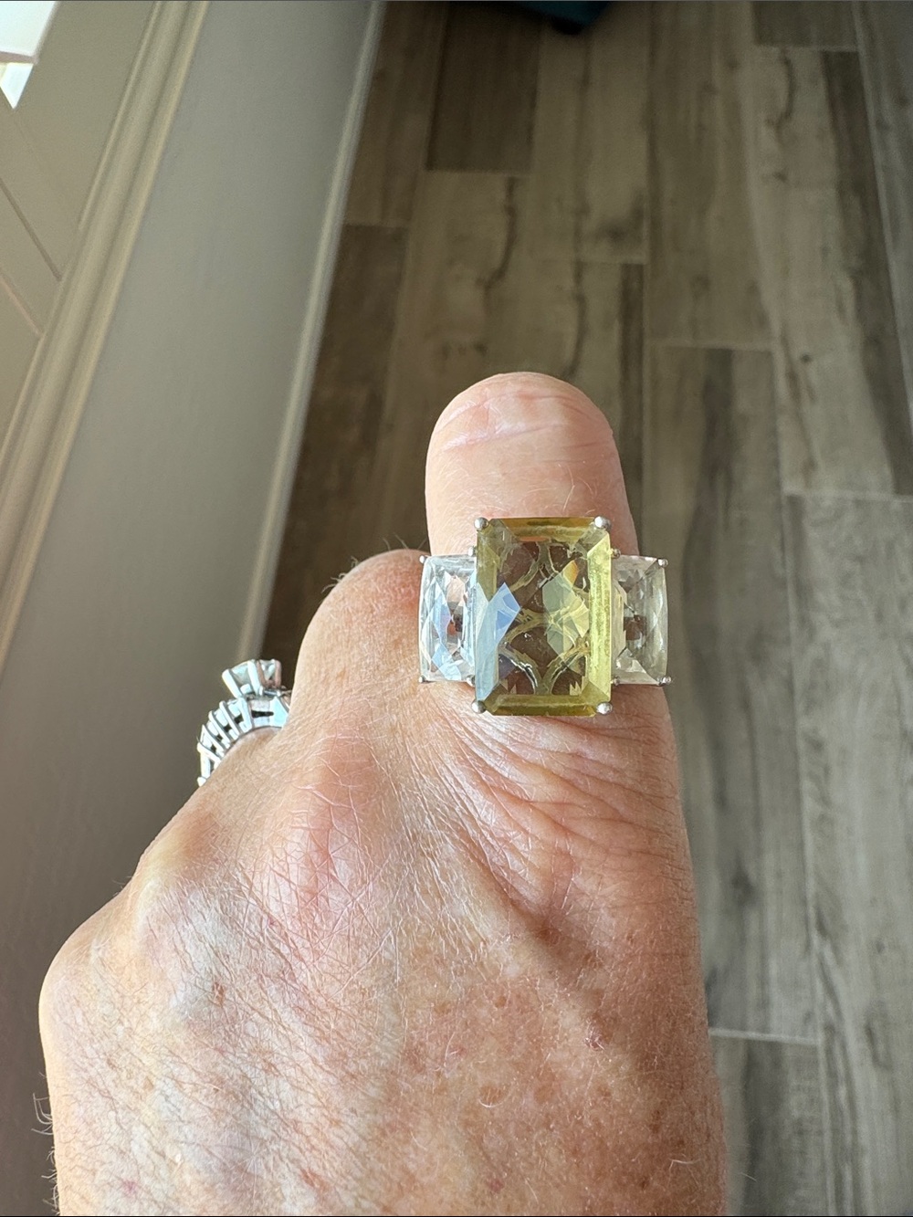 Rarities Carol Brodie 9 lemon yellow white quartz 3 stone sterling silver ring